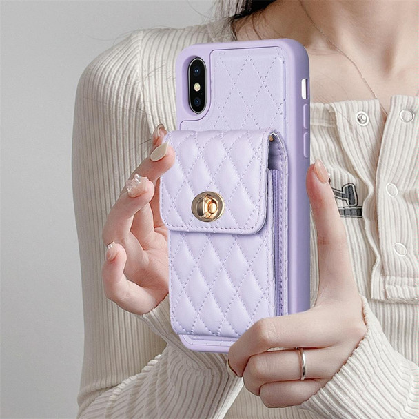 For iPhone X / XS Vertical Metal Buckle Wallet Rhombic Leatherette Phone Case(Purple)