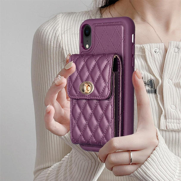 For iPhone XR Vertical Metal Buckle Wallet Rhombic Leatherette Phone Case(Dark Purple)