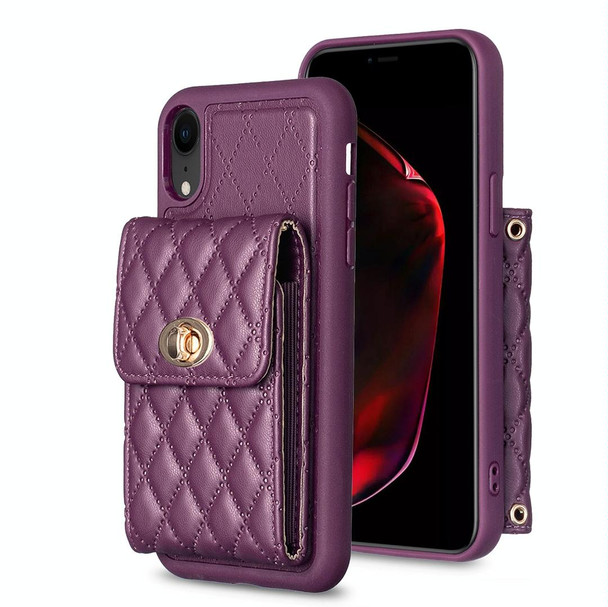 For iPhone XR Vertical Metal Buckle Wallet Rhombic Leatherette Phone Case(Dark Purple)