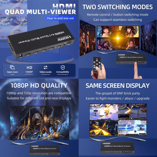 4 in 1 Out HDMI Quad Multi-viewer with Seamless Switcher, UK Plug