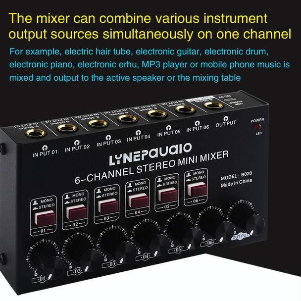 B020 Mini 6-Channel Stereo Audio Mixer Musical Instrument Mixer Electric Wind Electric Guitar Electronic Piano Drums Mixer