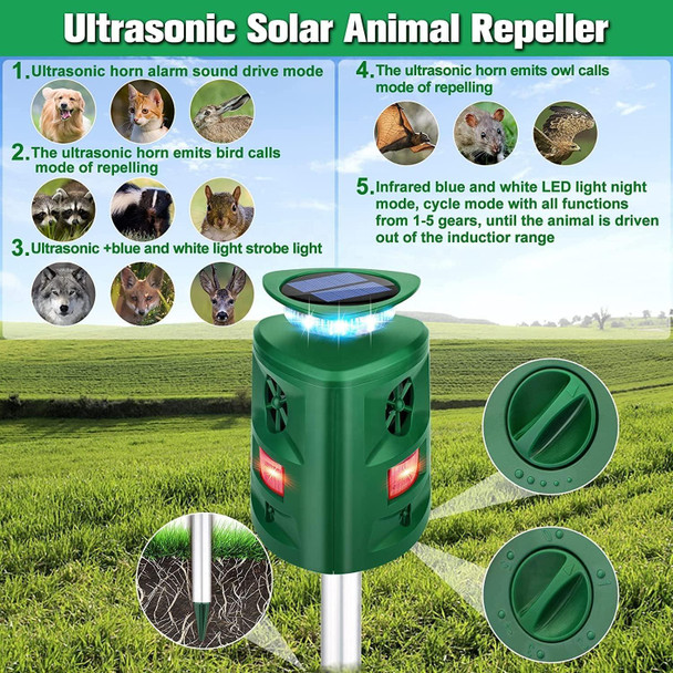 SK698 Solar Powered Animal Repeller 360 Degree Strobe Light Bird Repeller Ultrasonic Rat Repeller(Green)