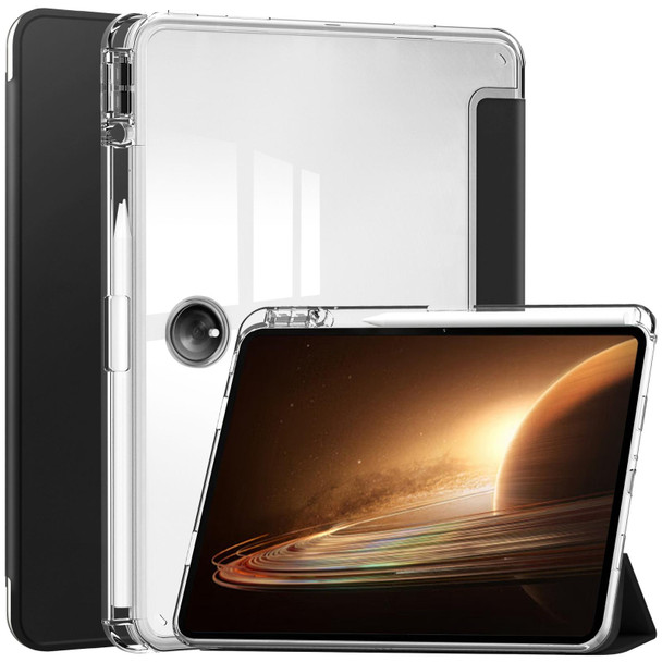 For OPPO Pad 2 3-Fold Clear Back Cover Leatherette Smart Tablet Case(Black)