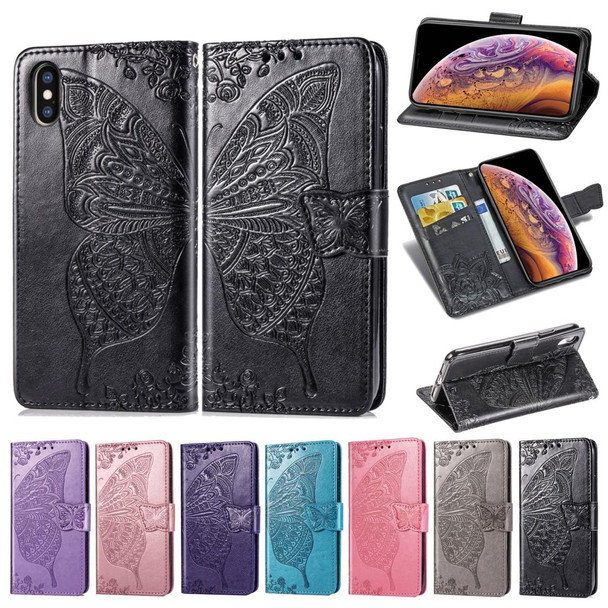 Butterfly Love Flowers Embossing Horizontal Flip Leatherette Case for iPhone X, with Holder & Card Slots & Wallet & Lanyard(Black)