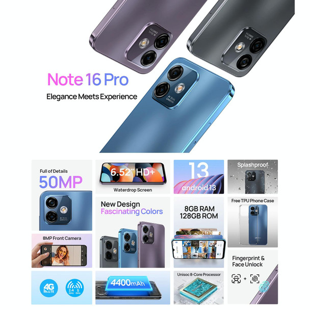 Ulefone Note 16 Pro, 8GB+128GB, Dual Back Cameras, Face ID & Side Fingerprint Identification, 4400mAh Battery, 6.52 inch Android 13 Unisoc T606 OctaCore up to 1.6GHz, Network: 4G, Dual SIM, OTG (Blac