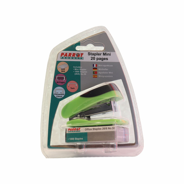 STAPLER PLASTIC MINI GREEN + STAPLES (1000x26/6)