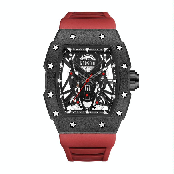 BAOGELA 224145 Barrel Skeleton Waterproof Sports Stainless Steel Silicone Men Watch(Black Shell Red Belt)