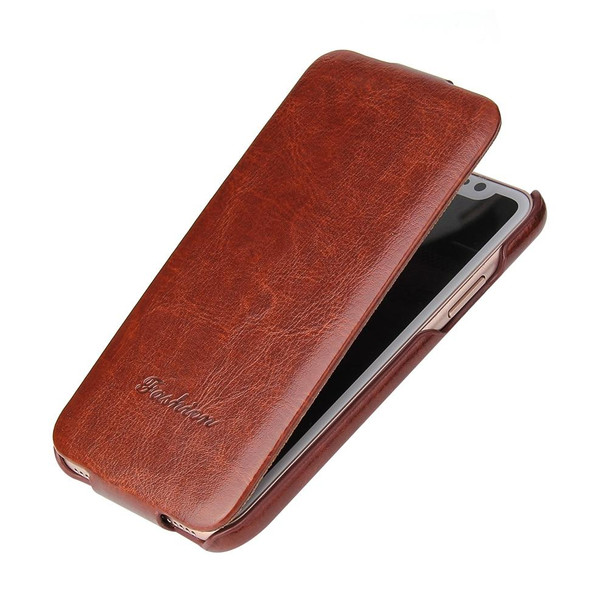 Fierre Shann Retro Oil Wax Texture Vertical Flip PU Leatherette Case for iPhone X / XS(Brown)