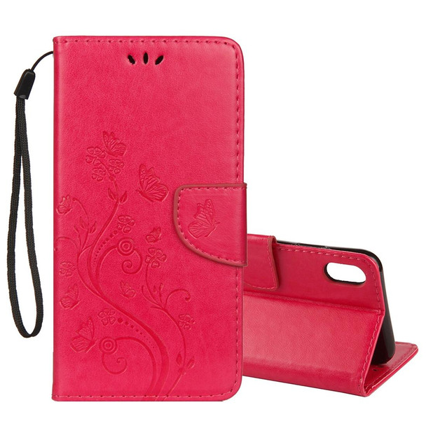 Embossed Butterfly Pattern Horizontal Flip Leatherette Case with Card Slot & Holder & Wallet & Lanyard - iPhone XS Max (Magenta)