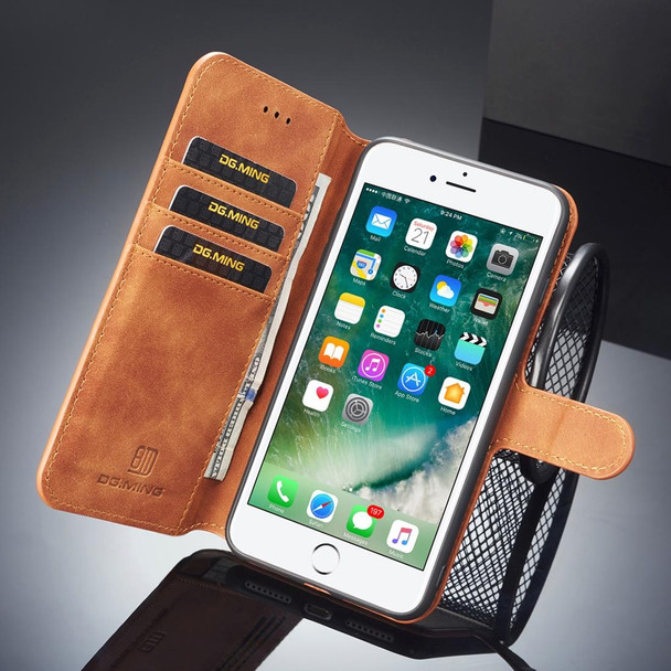 DG.MING Retro Oil Side Horizontal Flip Case for iPhone 8 Plus & 7 Plus, with Holder & Card Slots & Wallet (Brown)