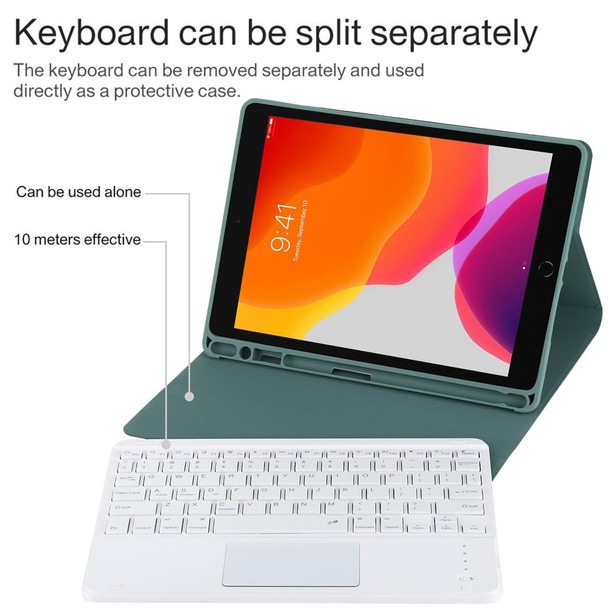 TG-102BC Detachable Bluetooth White Keyboard + Microfiber Leather Tablet Case for iPad 10.2 inch / iPad Air (2019), with Touch Pad & Pen Slot & Holder(Dark Green)