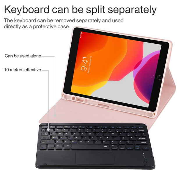 TG-102BC Detachable Bluetooth Black Keyboard + Microfiber Leather Tablet Case for iPad 10.2 inch / iPad Air (2019), with Touch Pad & Pen Slot & Holder(Pink)