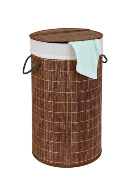 Wenko - Bamboo Laundry Basket 55L - Dark Brown - with Laundry Bag