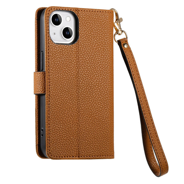 For iPhone 14 Love Zipper Lanyard Leatherette Phone Case(Brown)