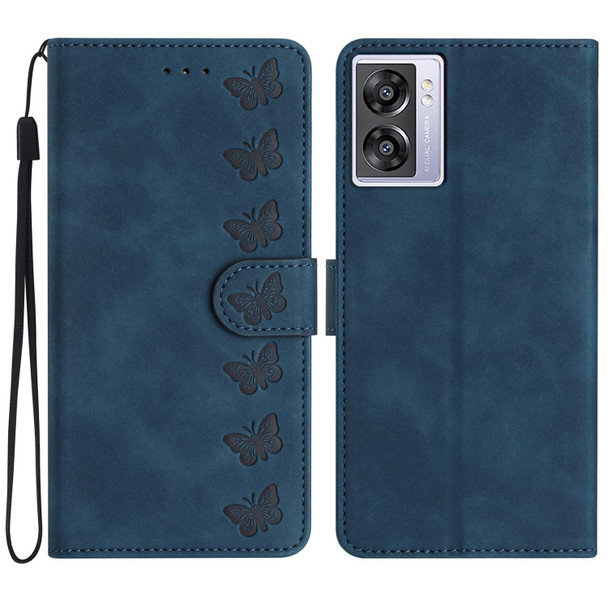 For OPPO A57 2022 Seven Butterflies Embossed Leatherette Phone Case(Blue)