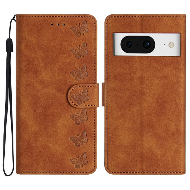For Google Pixel 8 Seven Butterflies Embossed Leatherette Phone Case(Brown)