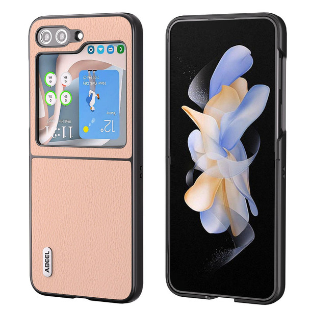 For Samsung Galaxy Z Flip5 ABEEL Genuine Leatherette + PC Litchi Texture Phone Case(Pink Gold)