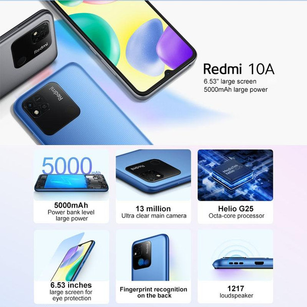 Xiaomi Redmi 10A, 4GB+64GB, 5000mAh Battery, Face Identification, 6.53 inch MIUI 12.5 MTK Helio G25 Octa Core up to 2.0GHz, Network: 4G, Dual SIM, Support Google Play(Silver)