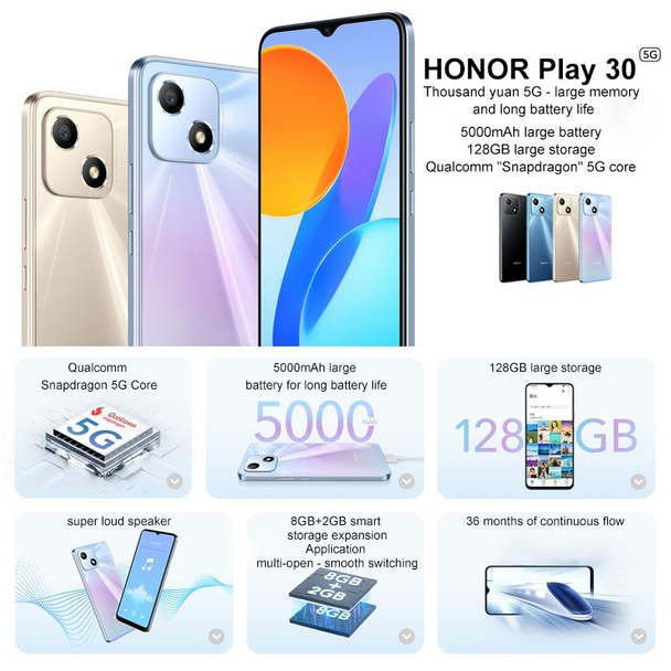Honor Play 30 5G VNE-AN00, 4GB+128GB, China Version, Face Identification, 5000mAh, 6.5 inch Magic UI 5.0 /Android 11 Qualcomm Snapdragon 480 Plus Octa Core up to 2.2GHz, Network: 5G, Not Support Google Play(Silver)