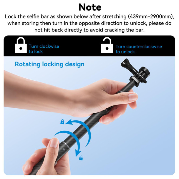 TELESIN 3M Carbon Fiber Selfie Stick Monopod  With 1/4 Screw For Action Camera