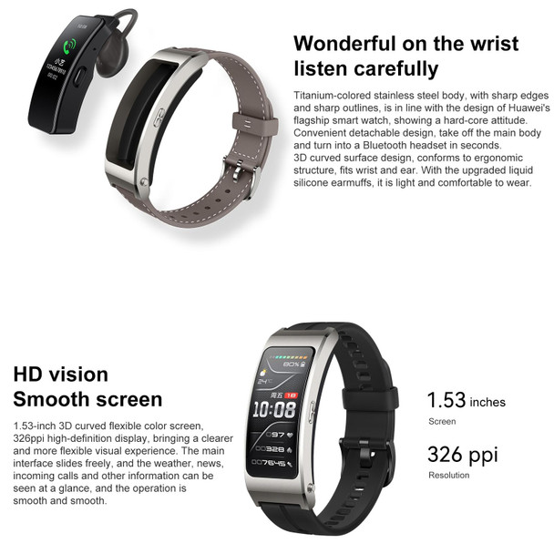 Original Huawei TalkBand B7 Smart Bracelet, 1.53 inch Screen, Support Bluetooth Call / Heart Rate / Blood Oxygen / Sleep Monitoring (Grey)