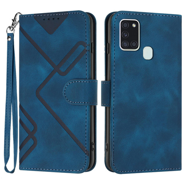 For Samsung Galaxy A21s Line Pattern Skin Feel Leatherette Phone Case(Royal Blue)