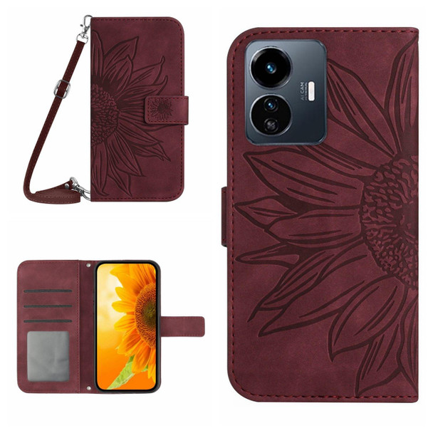 For vivo Y22 4G Global / Y35 4G Global Skin Feel Sun Flower Embossed Flip Leather Phone Case with Lanyard(Wine Red)