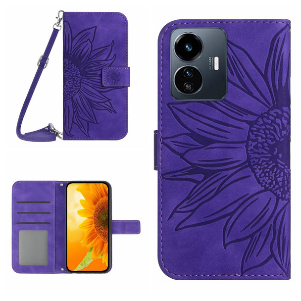 For vivo Y22 4G Global / Y35 4G Global Skin Feel Sun Flower Embossed Flip Leather Phone Case with Lanyard(Dark Purple)