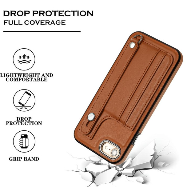 For iPhone SE 2022/SE 2020/6/7/8 Shockproof Leatherette Phone Case with Wrist Strap(Brown)