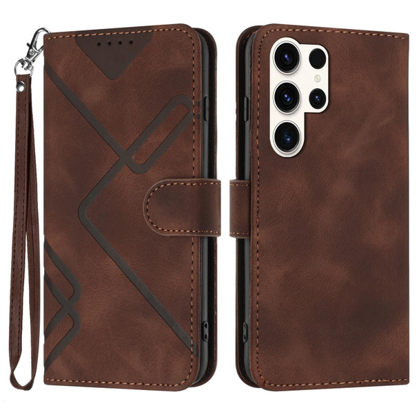 For Samsung Galaxy S23 Ultra 5G Line Pattern Skin Feel Leatherette Phone Case(Coffee)