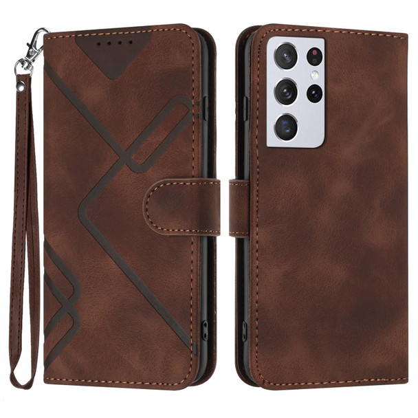 For Samsung Galaxy S21 Ultra 5G Line Pattern Skin Feel Leatherette Phone Case(Coffee)