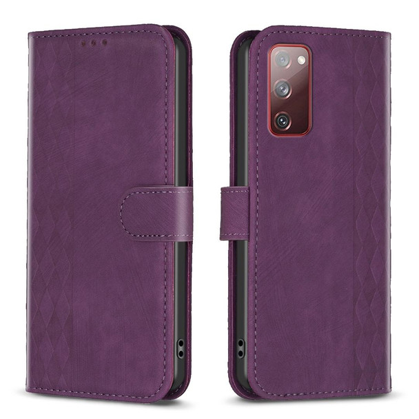 For Samsung Galaxy S20 FE Plaid Embossed Leatherette Phone Case(Purple)