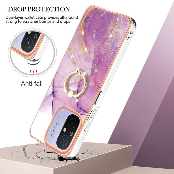 For Xiaomi Redmi 12C / 11A 4G Global Electroplating Marble IMD TPU Phone Case with Ring Holder(Purple 001)