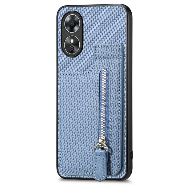 For OPPO A17 Carbon Fiber Vertical Flip Zipper Phone Case(Blue)