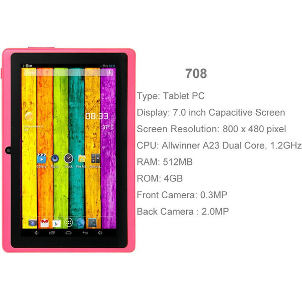 7.0 inch Tablet PC, 512MB+4GB, Android 4.2.2, 360 Degrees Menu Rotation, Allwinner A33 Quad-core, Bluetooth, WiFi(Magenta)