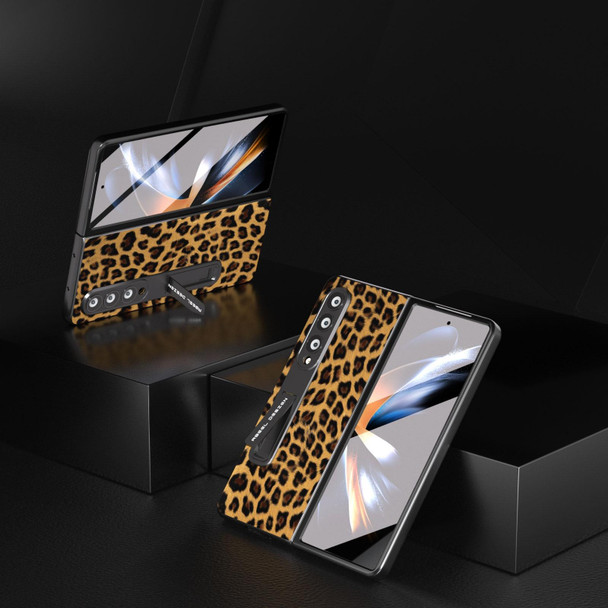 For Samsung Galaxy Z Fold3 5G Integrated Black Edge Leopard Phone Case with Holder(Gold)