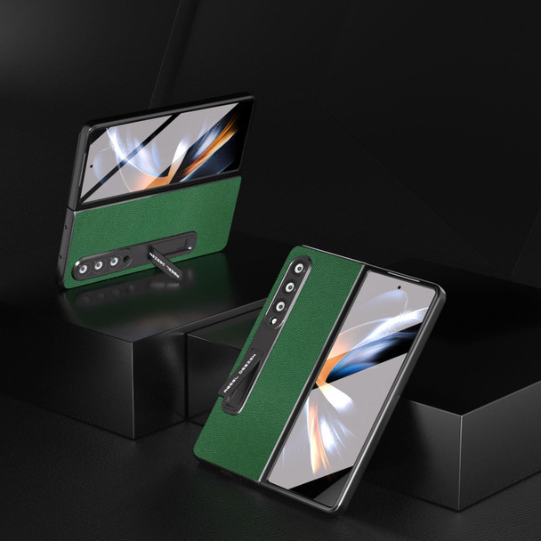 For Samsung Galaxy Z Fold3 5G Integrated Black Edge Genuine Leatherette Mino Phone Case with Holder(Green)