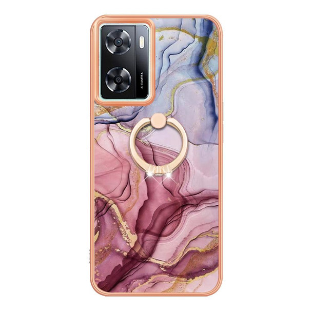 For OPPO A57 4G/A77 5G Taiwan/K10 5G Global Electroplating Marble Dual-side IMD Phone Case with Ring(Rose Red 014)