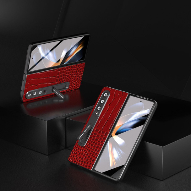 For Samsung Galaxy Z Fold3 5G ABEEL Integrated Genuine Leatherette Crocodile Pattern Phone Case with Holder(Red)