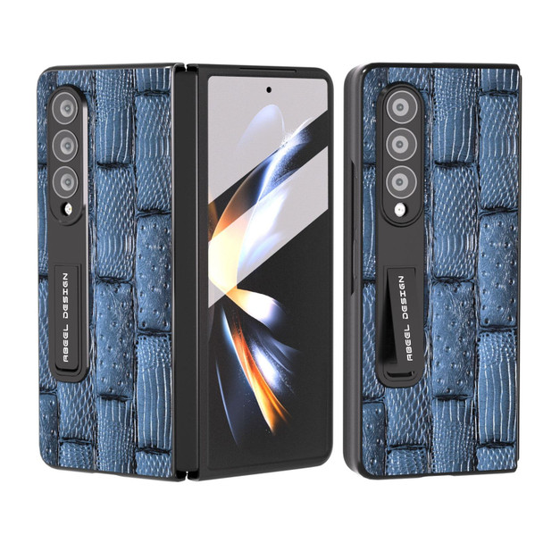 For Samsung Galaxy Z Fold3 5G ABEEL Integrated Genuine Leatherette Mahjong Texture Series Phone Case with Holder(Blue)