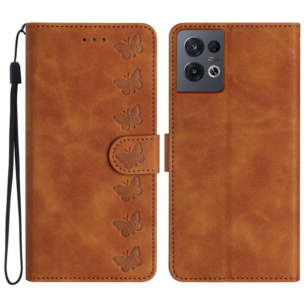 For OPPO Reno8 Pro Seven Butterflies Embossed Leatherette Phone Case(Brown)