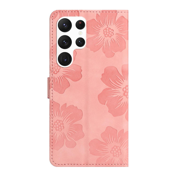 For Samsung Galaxy S22 Ultra 5G Flower Embossing Pattern Leatherette Phone Case(Pink)