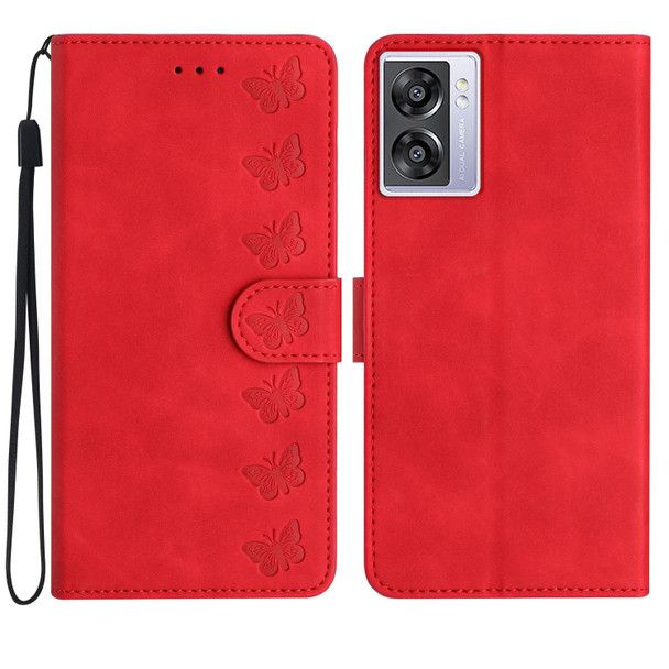 For OPPO A57 2022 Seven Butterflies Embossed Leatherette Phone Case(Red)