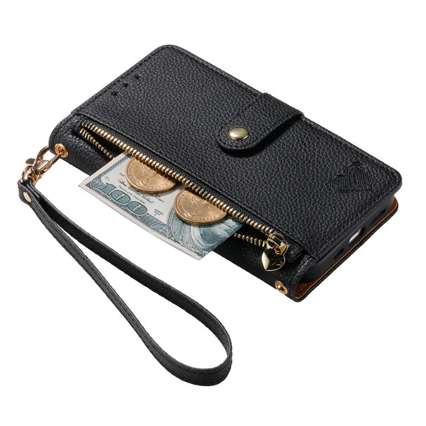 For iPhone 14 Love Zipper Lanyard Leatherette Phone Case(Black)