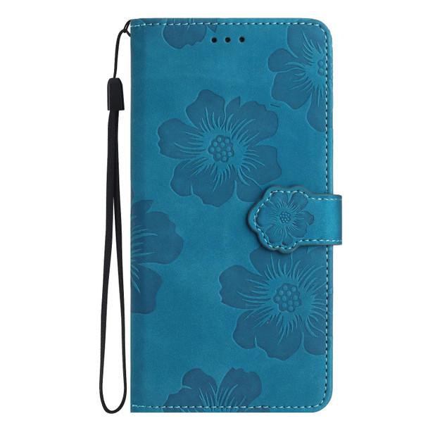 For Samsung Galaxy S22 Ultra 5G Flower Embossing Pattern Leatherette Phone Case(Blue)