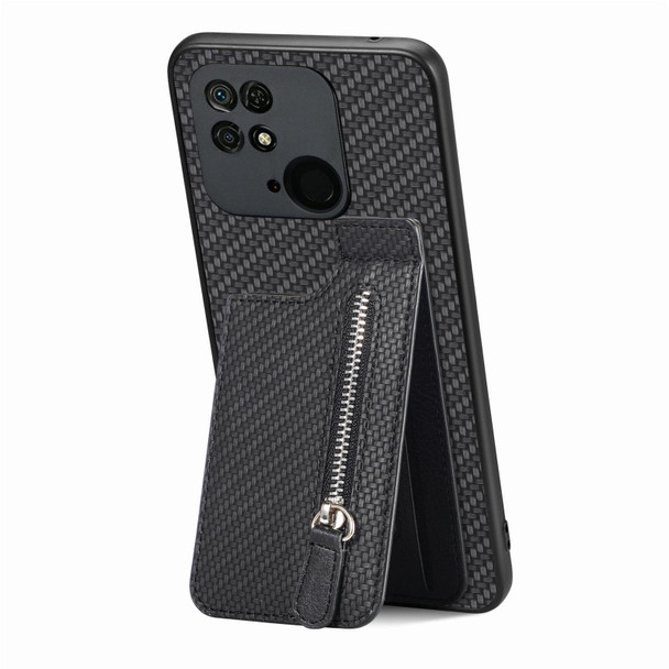For Redmi 10C Carbon Fiber Vertical Flip Zipper Phone Case(Black)