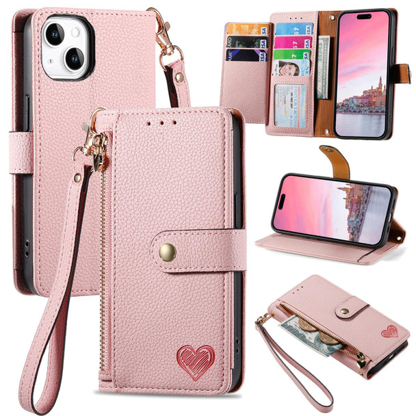 For iPhone 14 Love Zipper Lanyard Leatherette Phone Case(Pink)