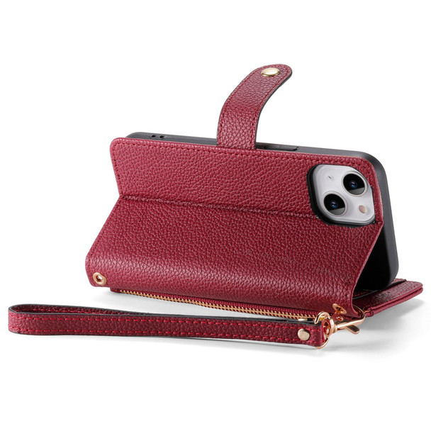 For iPhone 14 Pro Love Zipper Lanyard Leatherette Phone Case(Red)