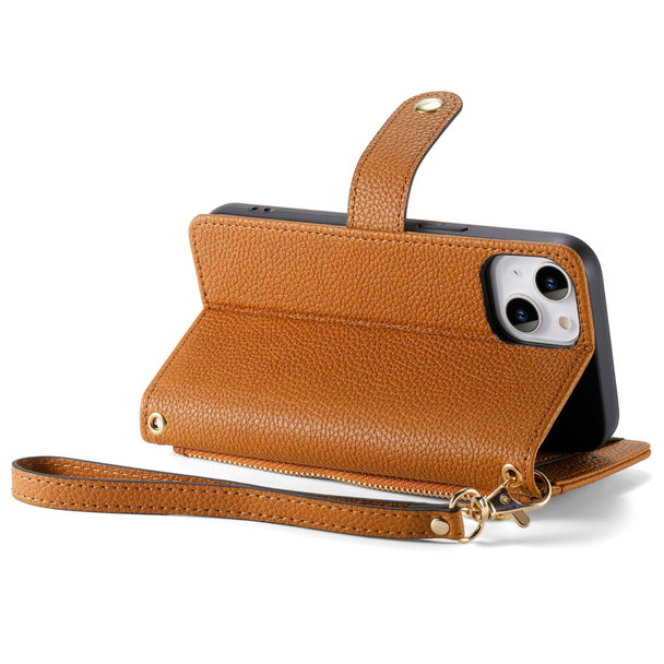 For iPhone 13 Pro Love Zipper Lanyard Leatherette Phone Case(Brown)