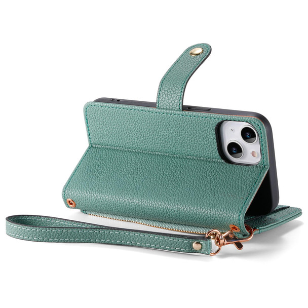 For iPhone 14 Pro Love Zipper Lanyard Leatherette Phone Case(Green)